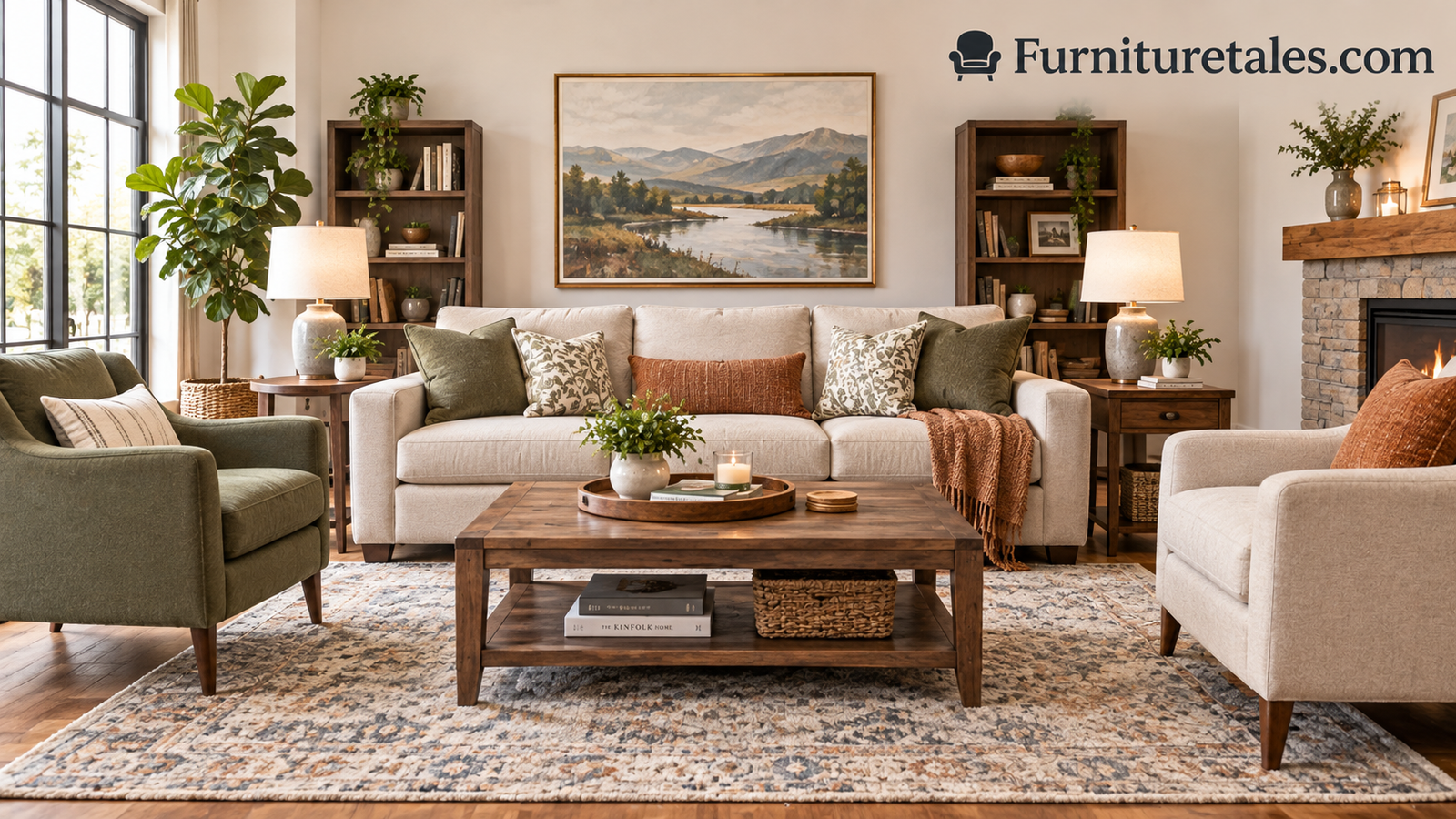 Beautifully arranged living room with a sofa, armchairs, rug and coffee table in a balanced layout
