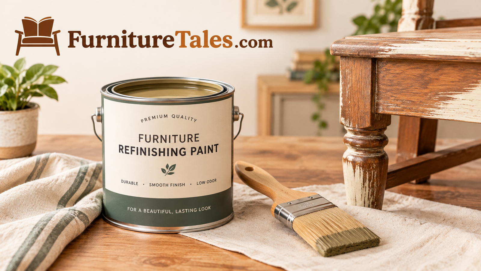 Can of refinishing paint next to a brush ready for a furniture makeover