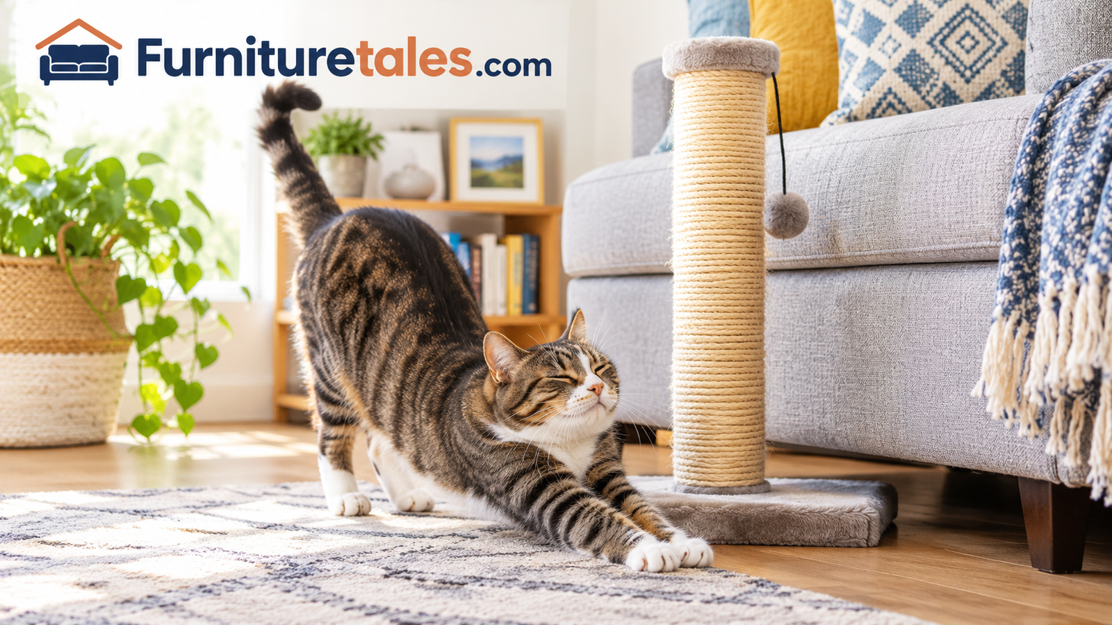 Cat stretching beside a scratching post next to a sofa in a bright living room