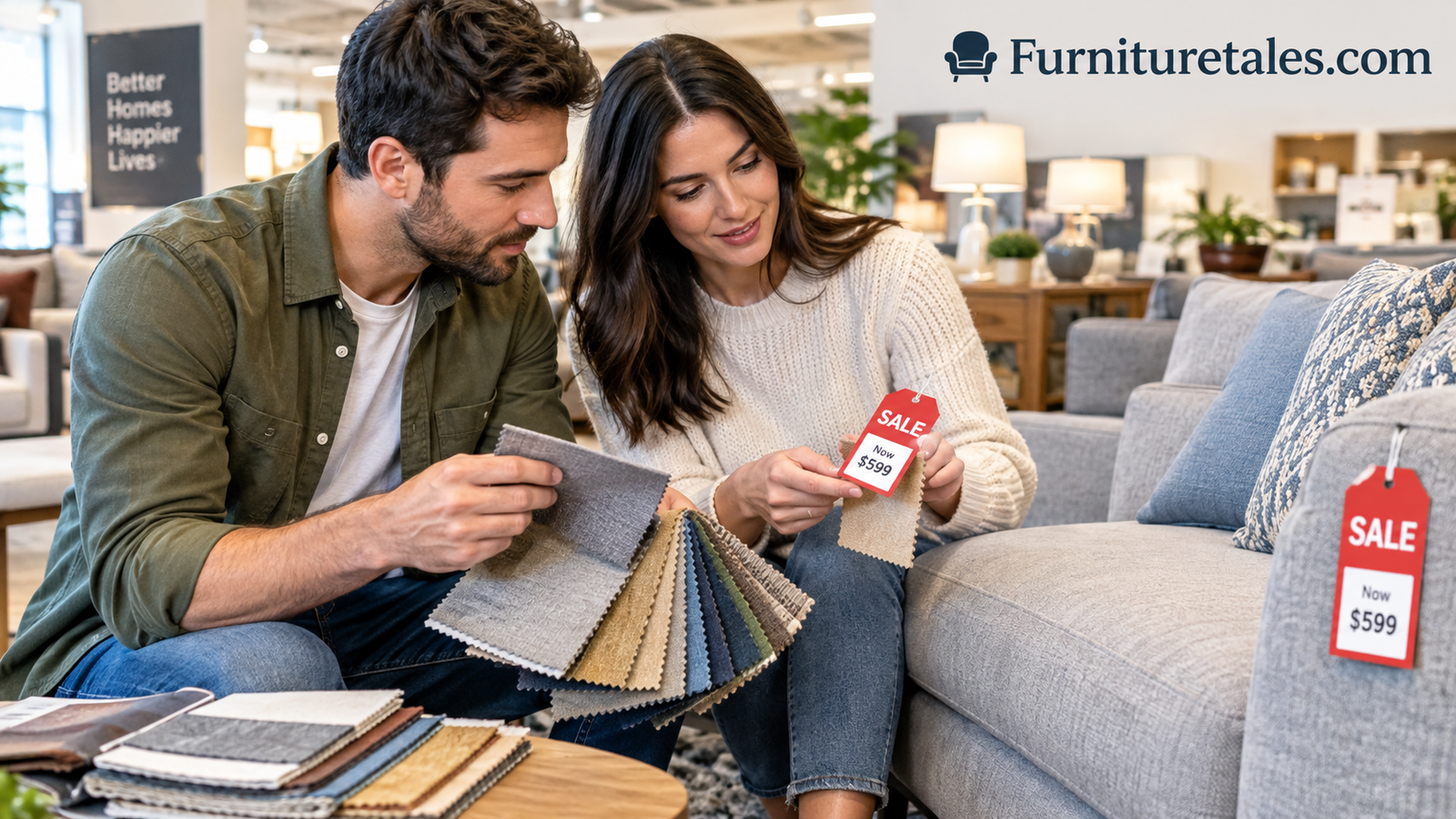 Couple comparing fabric swatches and sale tags in a furniture store