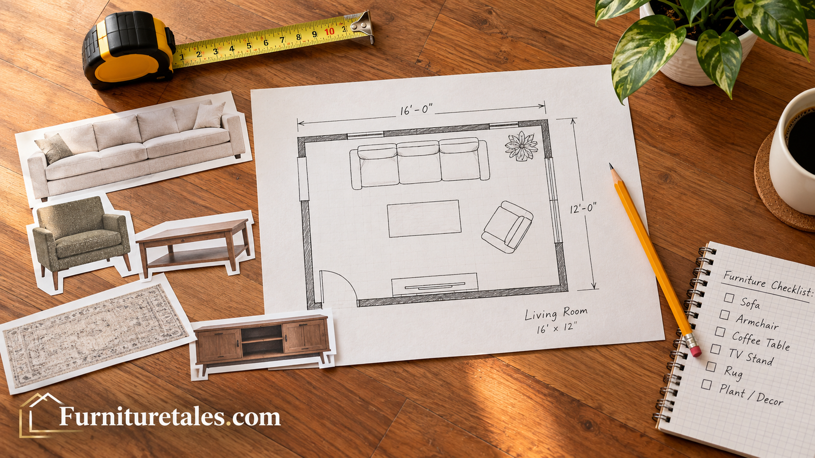 Floor plan sketch with tape measure, pencil, and furniture cutouts on a wooden floor