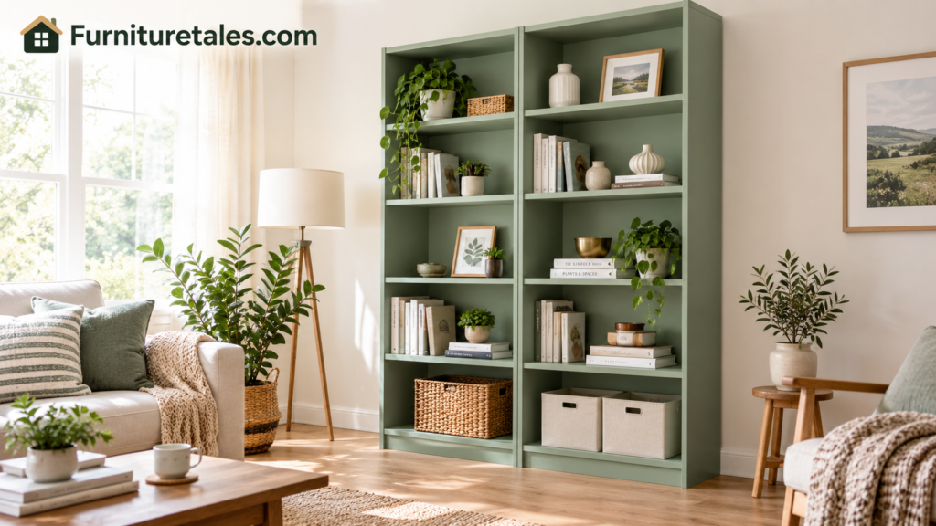 Freshly painted IKEA bookcase in a soft sage green standing in a bright living room