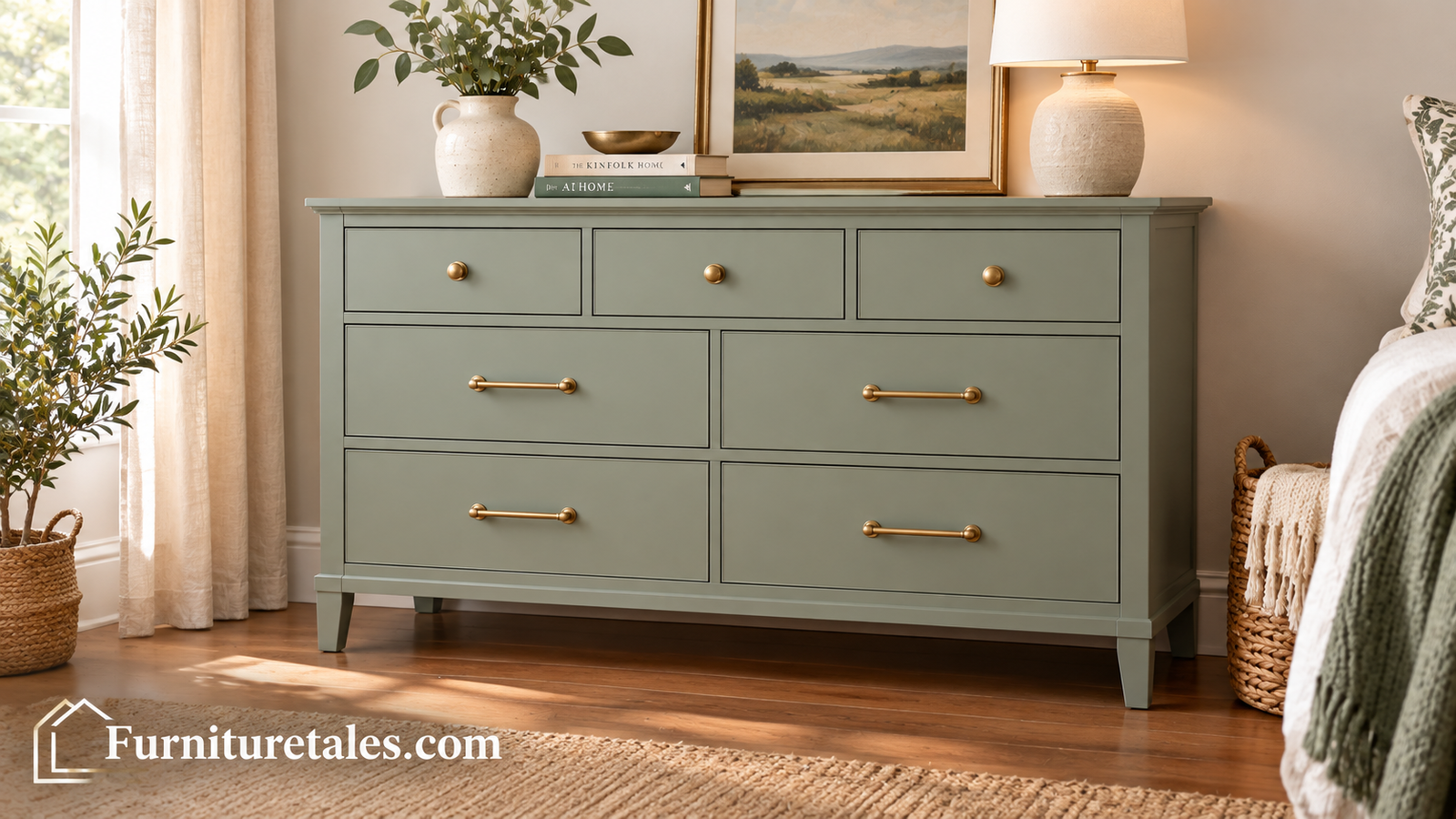 Freshly painted dresser in a soft sage finish with new brass hardware