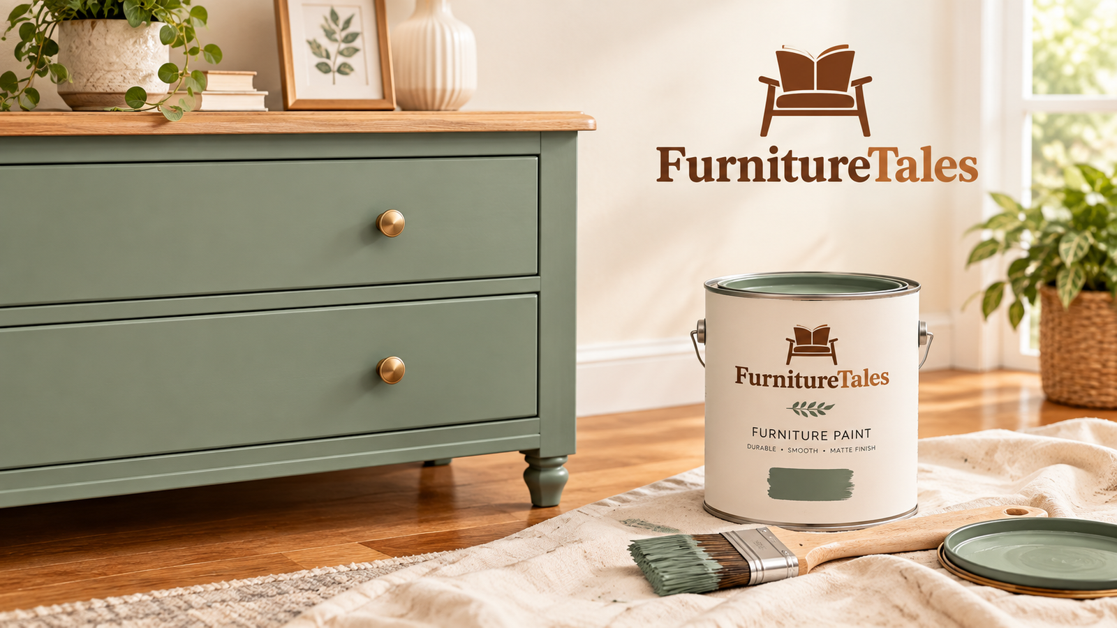 Freshly painted furniture with a smooth matte finish and a can of furniture paint