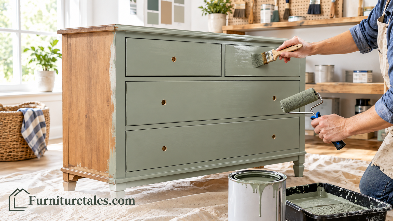 Painting a wooden dresser with a brush and foam roller in a bright workspace