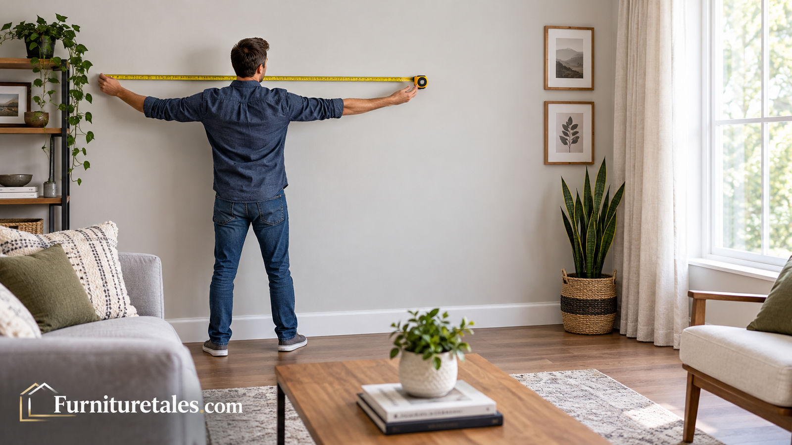 Person measuring a living room wall with a tape measure before buying furniture