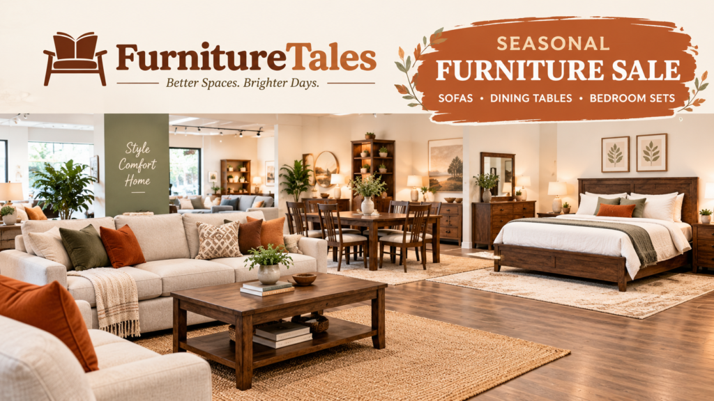 Showroom floor with sofas, dining tables and bedroom sets ready for a seasonal furniture sale