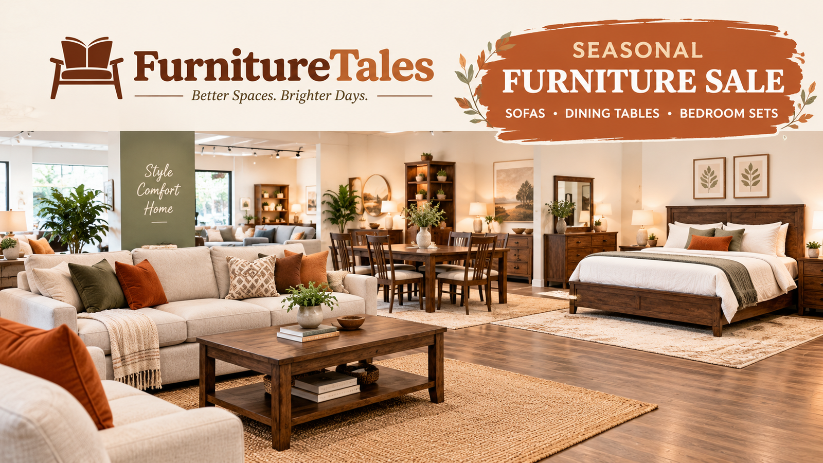 Showroom floor with sofas, dining tables and bedroom sets ready for a seasonal furniture sale