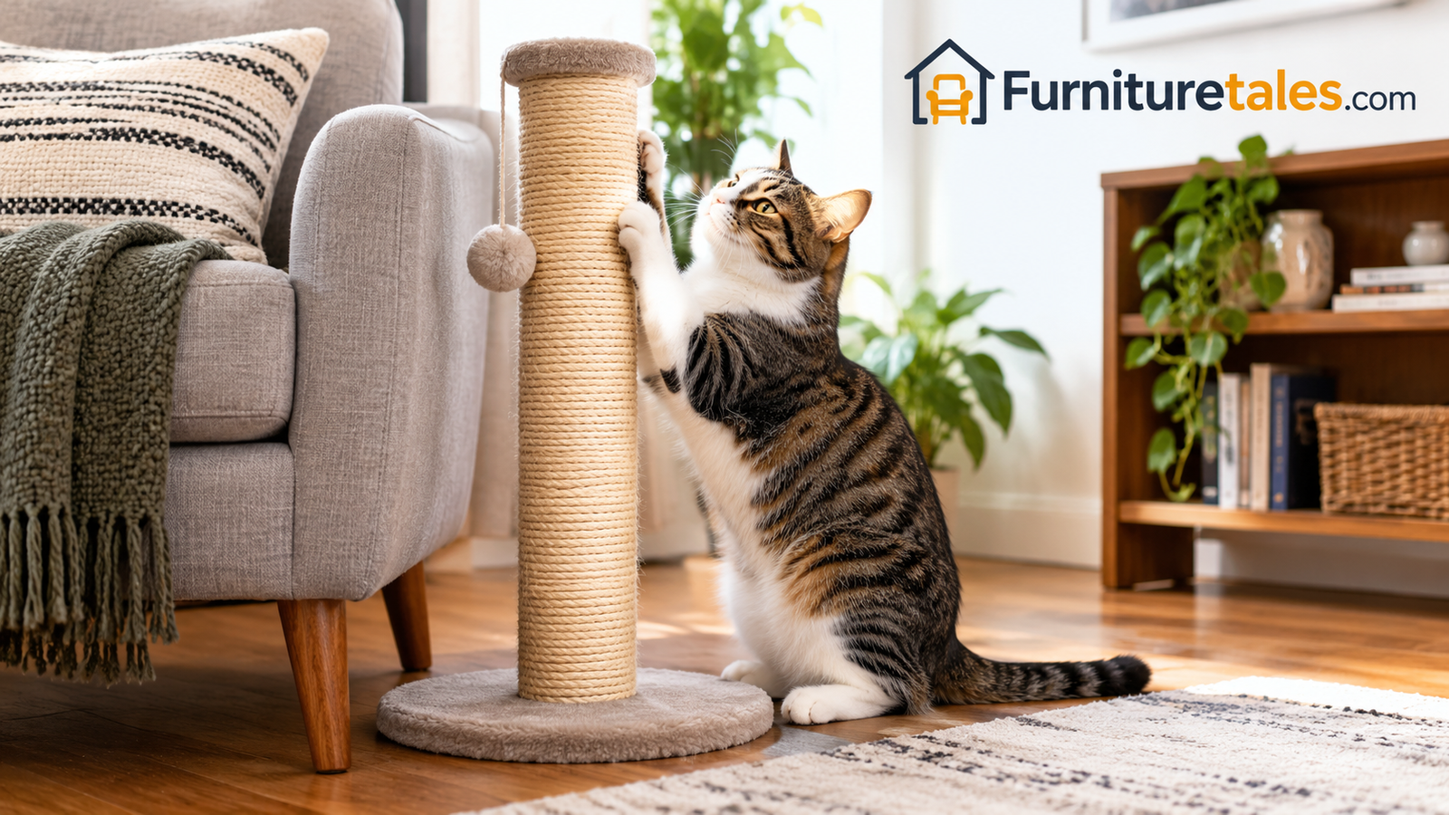 Sisal scratching post placed beside an armchair with a cat using it