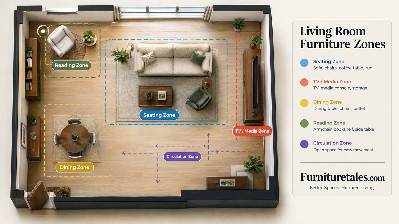 Top-down view of a living room floor plan with furniture zones marked out