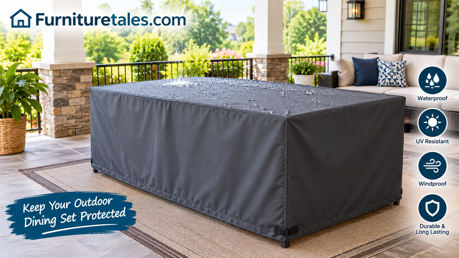 Waterproof rectangular patio table cover protecting an outdoor dining table on a covered terrace
