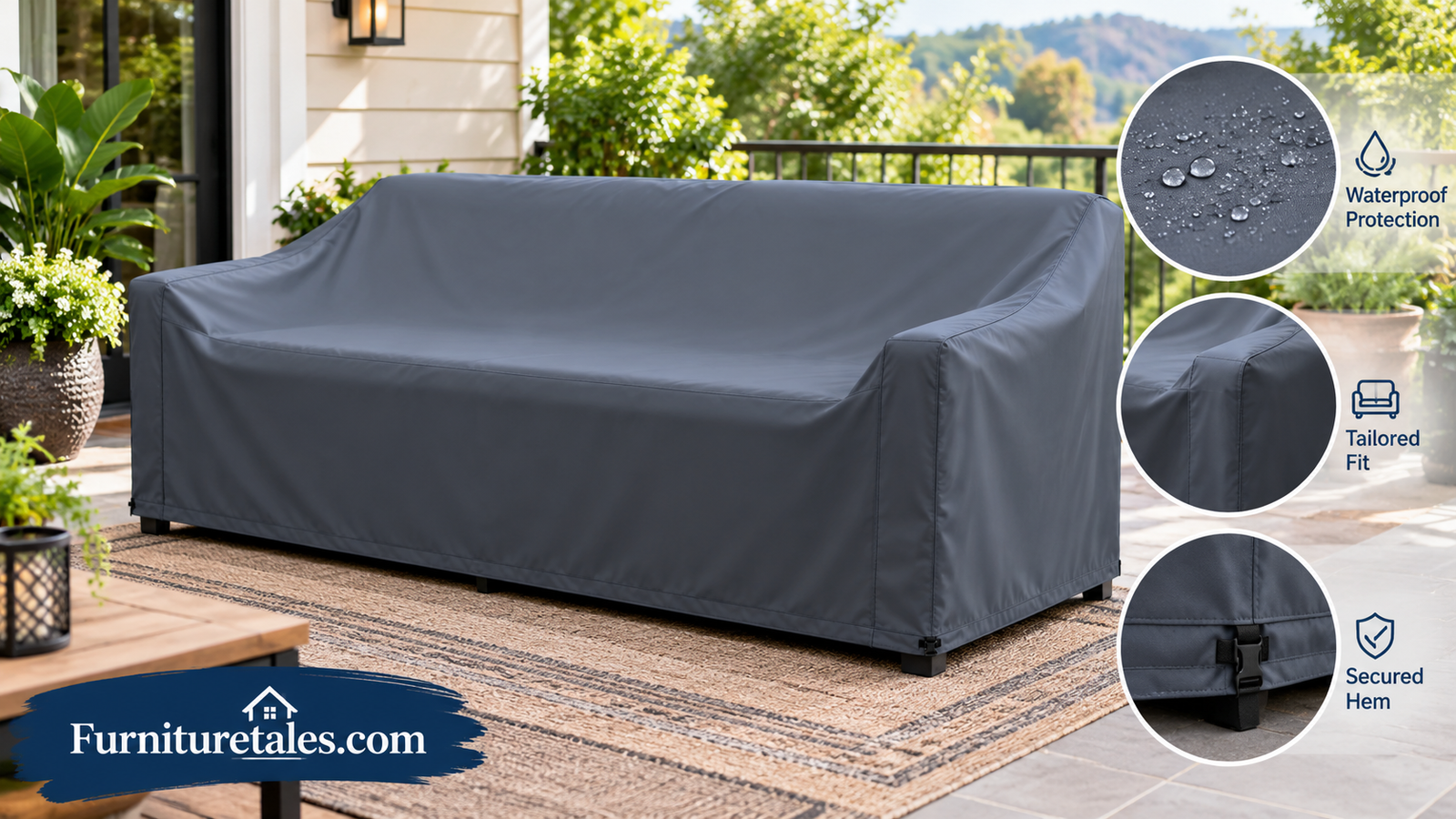 Waterproof patio sofa cover fitted over an outdoor couch, showing the tailored drape and secured hem